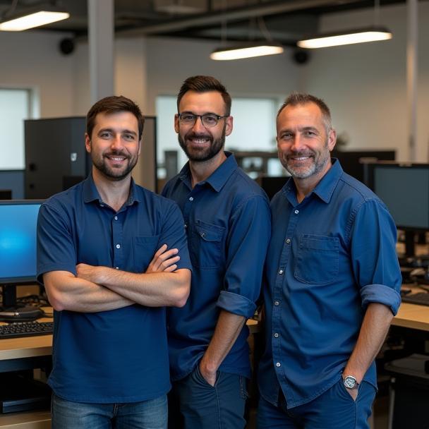 Équipe Réseau PC Solutions à l'atelier devant des ordinateurs